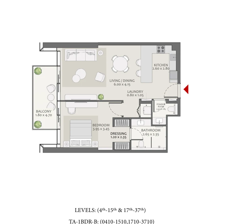 Actual Tower A 1 Bedroom B developer floor plan, 857.35 square feet total