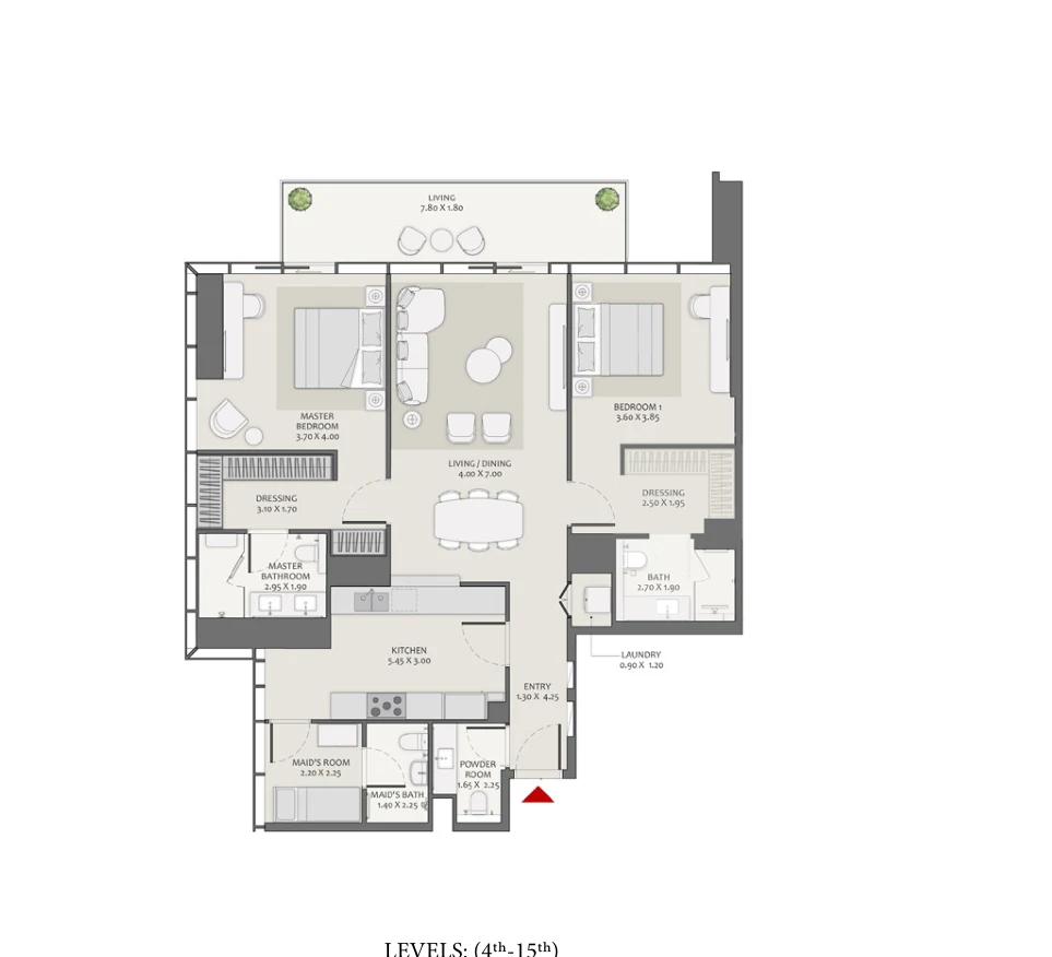 Actual Tower B 2 Bedroom + M — A1 developer floor plan, 1598.44 square feet total