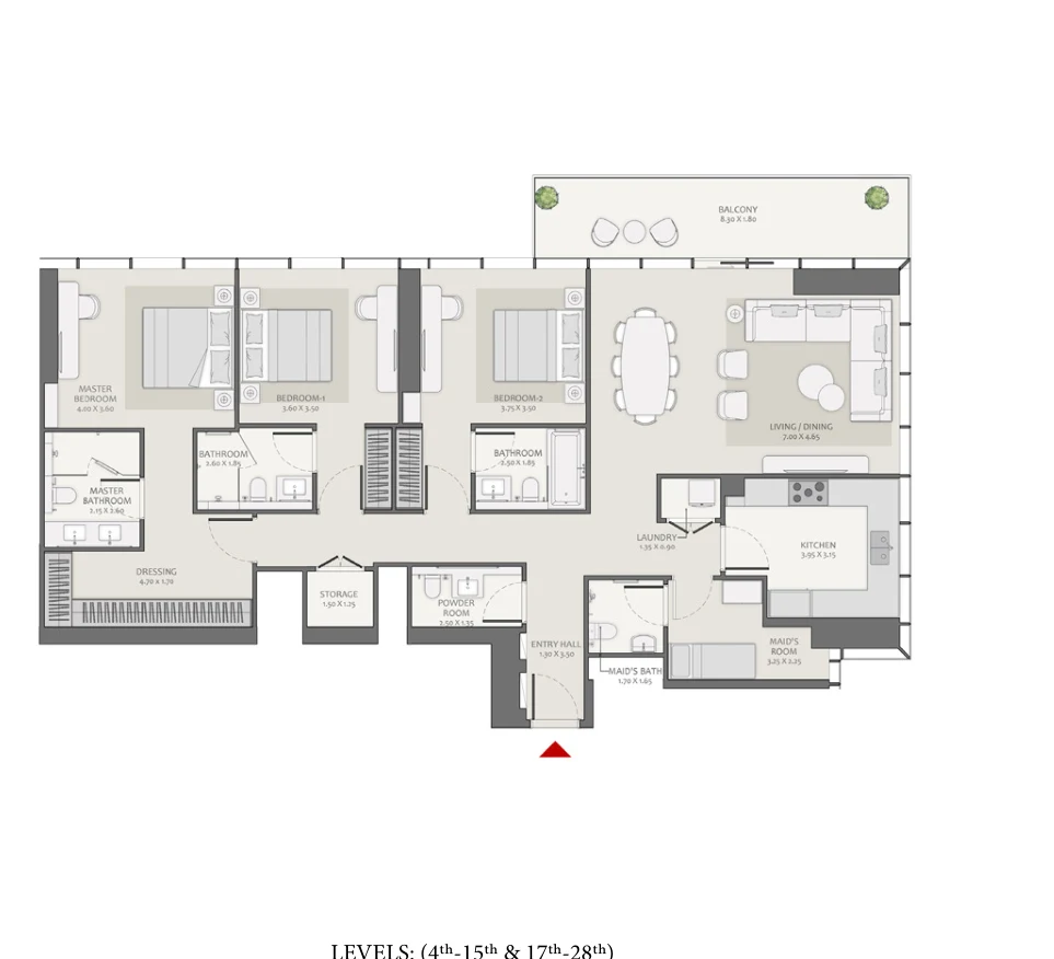 Actual Tower B 3 Bedroom + M — C developer floor plan, 2039.76 square feet total
